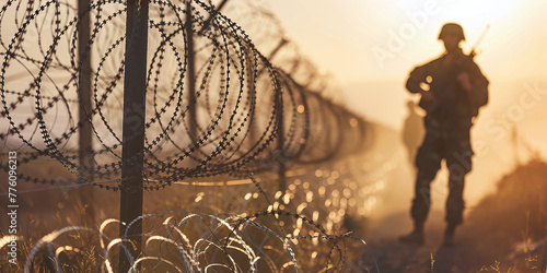 Armed border guard with barbed wire fence in the foreground photo