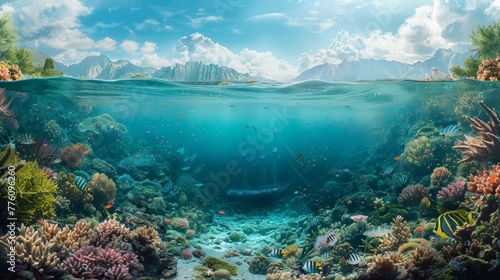 A beautiful underwater scene with a boat in the middle of the ocean. The boat is surrounded by a variety of fish and other sea creatures