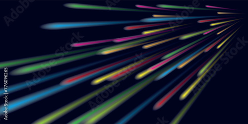 Speed of light in space on dark background. Abstract background with blue, yellow and orange neon colors. vector