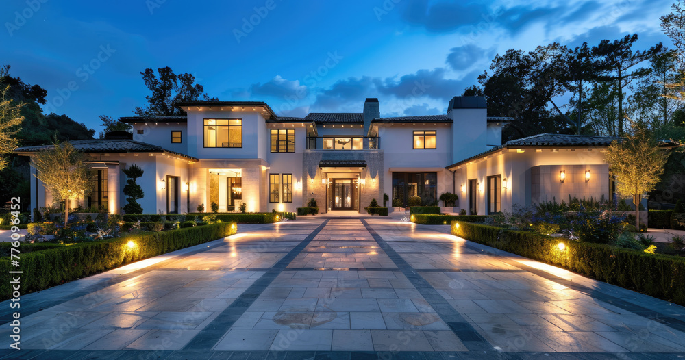 A beautiful home with a large, well-lit driveway leading to the front door at night. The house is in an upscale neighborhood and has symmetrical design elements