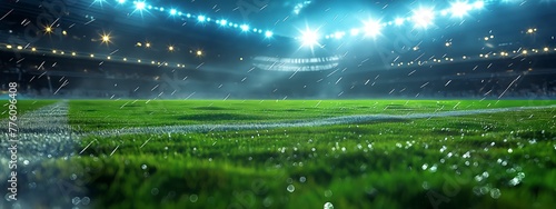 Sports stadium with lights, soccer game, blurred backdrop. Grass close up in sports arena - background. © Yuliia