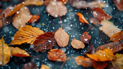 A photo of autumn leaves with snow on them. The leaves are scattered across the ground, and the snow adds a sense of calmness and serenity to the scene