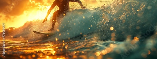 Man riding a wave on top of a surfboard in the middle of the ocean with a sunset in the background © Yuliia