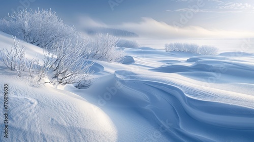 Wallpaper Mural A snowy landscape with a river and some bushes. The snow is white and the sky is blue Torontodigital.ca