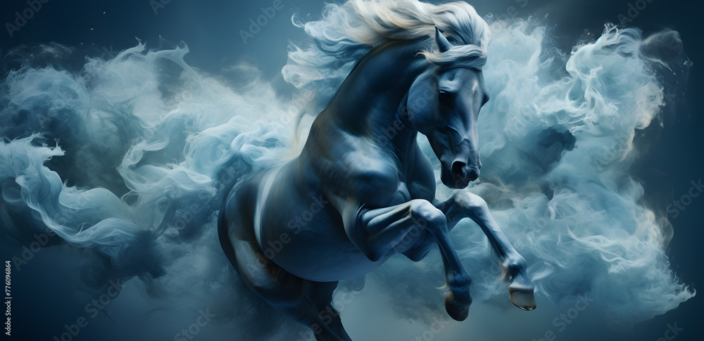 Black horse galloping in white mysterious smoke or fog on black background Black horse galloping in white mysterious smoke or fog on black background