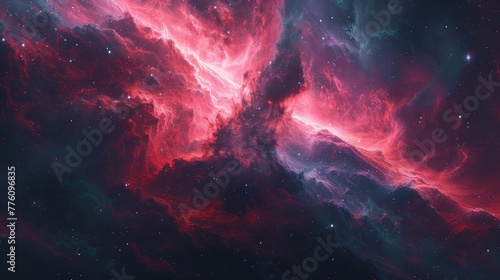 A space scene with a red cloud in the middle. The stars are scattered throughout the image, creating a sense of depth and vastness. Scene is one of wonder and awe, as it captures the beauty