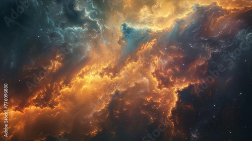 A colorful space scene with orange and blue clouds. The sky is dark and the stars are visible