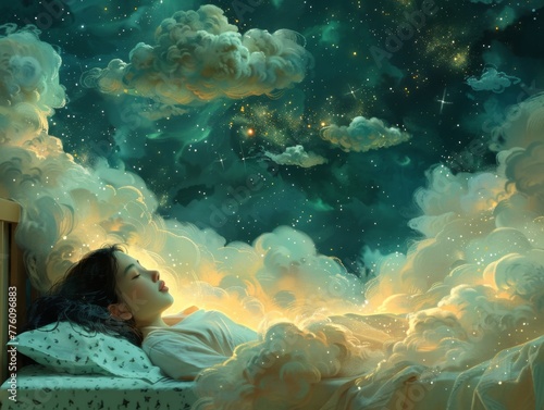 A woman lying on her side, flock of sheep floats above her, leaving behind a trail of stardust.