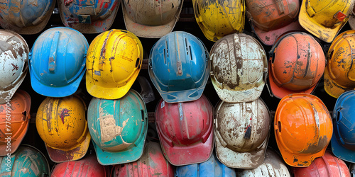A vibrant assortment of hard hats stacked on top of each other