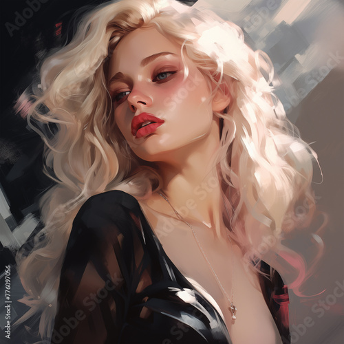 Realistic portrait of a beautiful sexy young blonde girl in the rays of light. Design and production of posters, postcards, printed products.