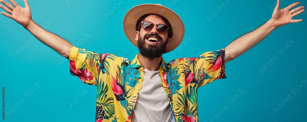 Fototapeta premium Joyful man in summer attire with open arms