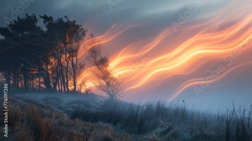 A forest with trees and a fire in the sky. The fire is orange and yellow