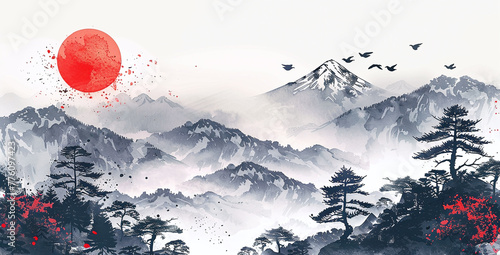 A Japanese landscape with mountains, trees and red sun in the sky