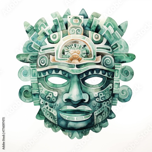 Aztec jade mask. Ancient Aztec mask clipart. Watercolor illustration. Generative AI. Detailed illustration.
