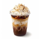 A tantalizing Coconut Americano, served in a transparent disposable plastic cup, showcasing distinct layers