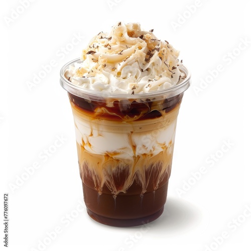 A tantalizing Coconut Americano, served in a transparent disposable plastic cup, showcasing distinct layers