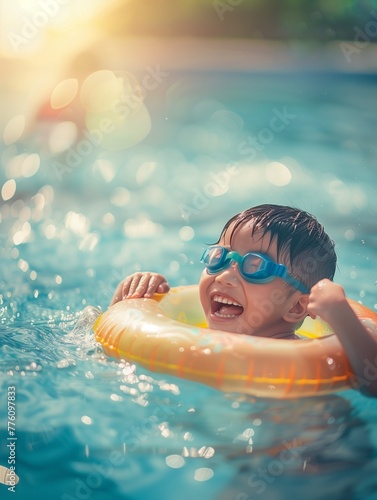 happy little girl wearing swimming goggles and an inflatable ring is playing in the pool on a sunny day. closeup shot of the smiling expressions of children holding toys on their backs  natural light