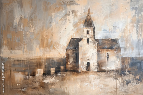 Vintage Church Painting - beautiful Landscape and neutral colors