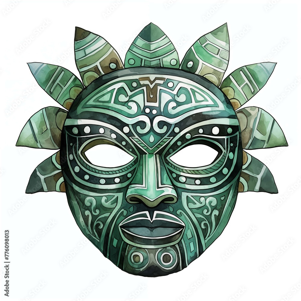 Aztec jade mask. Ancient Aztec mask clipart. Watercolor illustration. Generative AI. Detailed illustration.