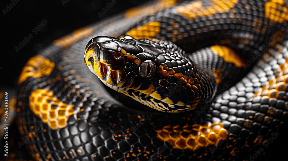 A stunning close-up of a ball python snake showcasing its intricate scales pattern and captivating eyes