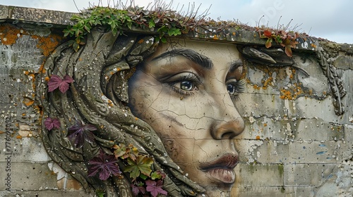 A woman s face is painted on a wall with leaves and vines. The painting is colorful and has a whimsical  artistic feel to it