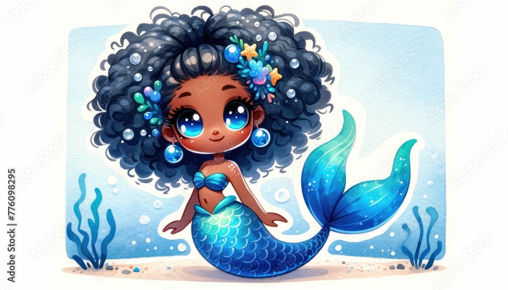Naklejka premium Cartoon mermaid with a blue tail.
