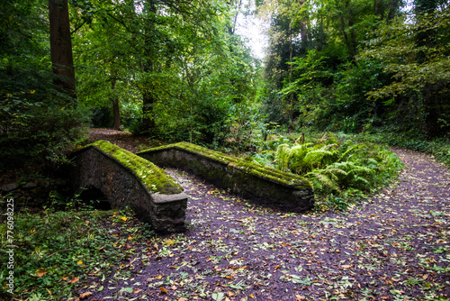 A small stone bridge covered in moss crossing a small stream in a garden in the Dee Valley in Wales. photo