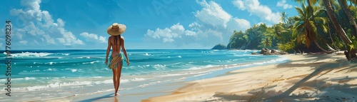 hyper realistic of a beach vacation scene with a woman strolling on a Caribbean beach, wearing a sun hat and sarong, against a wide, scenic ocean backdrop, perfect for a holiday banner.