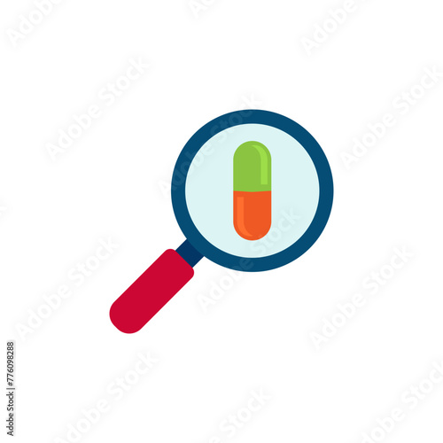Pill under the magnifier. Medicine search icon. Capsule and magnifying glass.