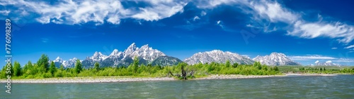 Grand Teton National Park in summer season. Panoramic view of forest, mountains and river