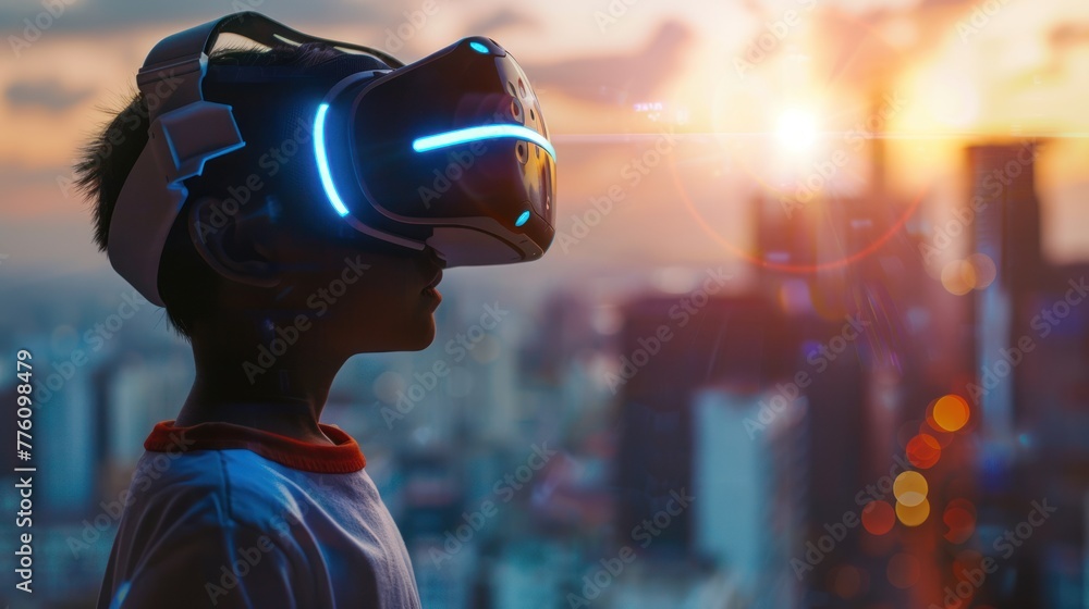 Closeup elementary boy using virtual reality on blurry cityscape background Closeup elementary boy using virtual reality on blurry cityscape background