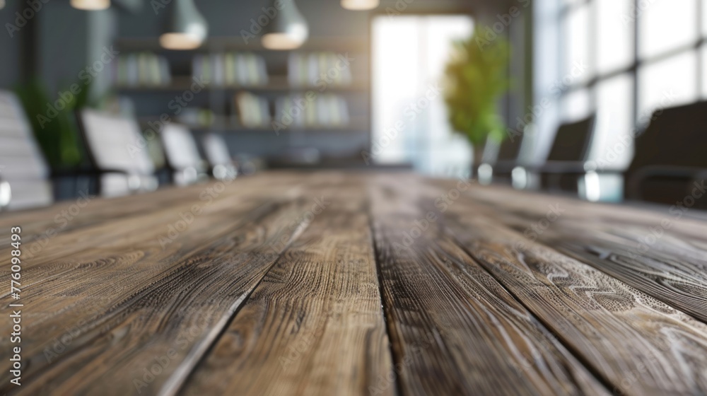 Closeup meeting board room with rustic wooden table, Defocused blurred office background