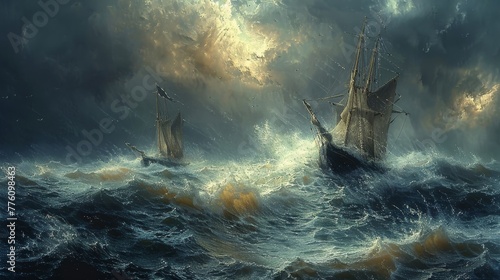 A painting of two boats in the ocean with one of them being a ship. The other boat is smaller and is being pushed by the waves. The sky is dark and cloudy, and the water is rough photo