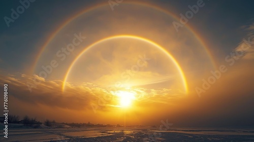 A large rainbow is seen in the sky above a snowy landscape. The sun is setting, casting a warm glow over the scene. Concept of wonder and beauty, as the rainbow and the sunset create a picturesque