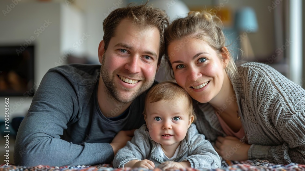 Portrait of happy european young family-