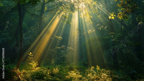 The sun is shining through the trees, creating a warm and peaceful atmosphere. The light is filtering through the leaves, casting a golden glow on the forest floor. The scene is serene and calming
