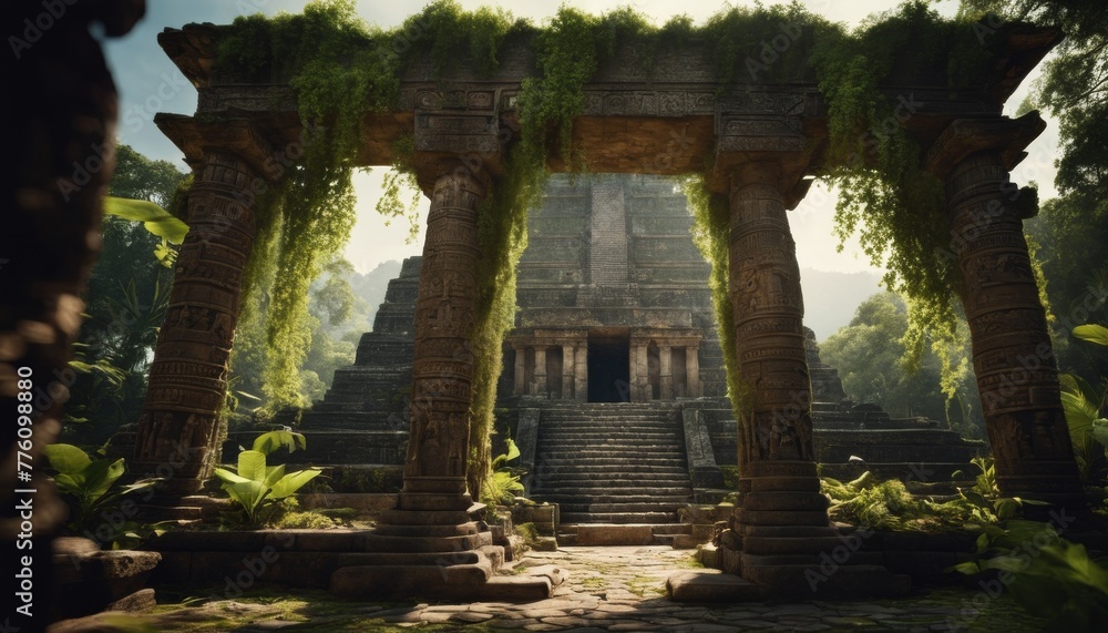 A mystical ancient temple gateway, draped in lush greenery, stands as a testament to historical architecture amidst a verdant jungle.
