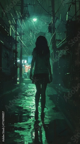 hyper realistic of a woman walking by herself on a dark  empty street  with shadows casting eerie patterns  capturing her apprehensive demeanor in a fearful night setting.