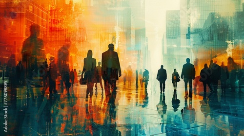 hyper realistic of a busy business center corridor, with businesspeople in motion, their figures blurred to highlight the dynamic nature of the business environment.