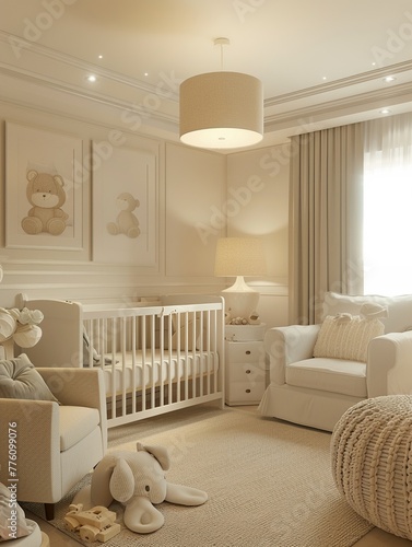 3D stereoscopic rendering of a peaceful nursery setting, with soothing colors and soft lighting, designed to promote a sense of calm and security for both parent and baby