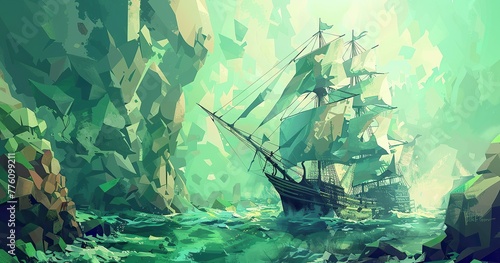 Paintings that would fit in a low poly 3d world, green ocean theme  photo