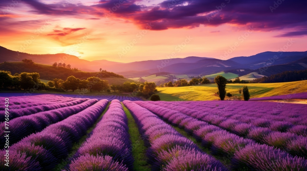 Purple lavender field in a hilly environment at sunset Purple lavender field in a hilly environment at sunset