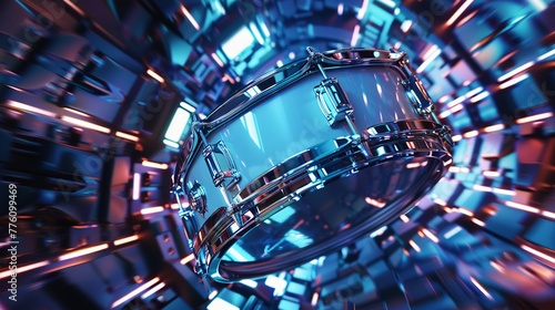 Incorporate a snare drum into a futuristic music instrument conception against a dynamic and futuristic background