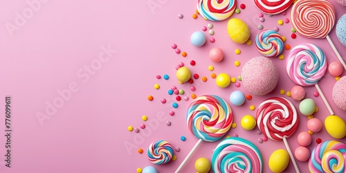 Candies sweets greeting card frame isolated on pink background. Generative AI.