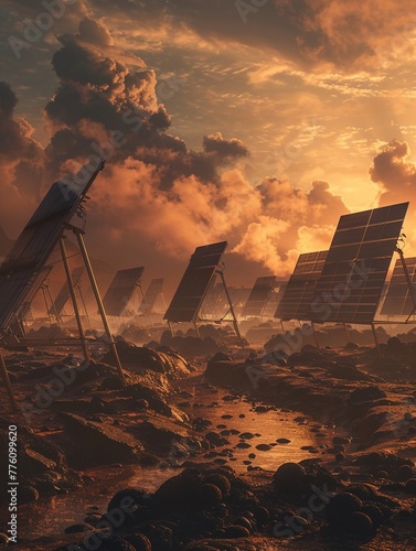 Solar collectors in a warming world  dusk light  angled view  postapocalyptic setting