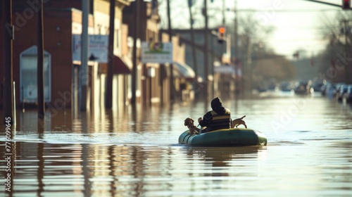 Man moving dogs with boat form flood city photo