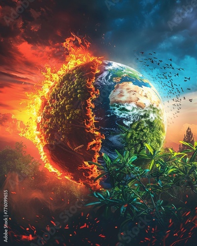 The harsh reality of climate change depicted through a burning globe under a fiery red sky, juxtaposed with a lush, green, and thriving environment on the other side