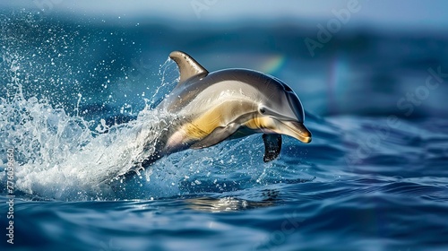 Dynamic angle of a dolphin dive, with a splash turning into a full arc rainbow over crystalclear ocean waters © Samita