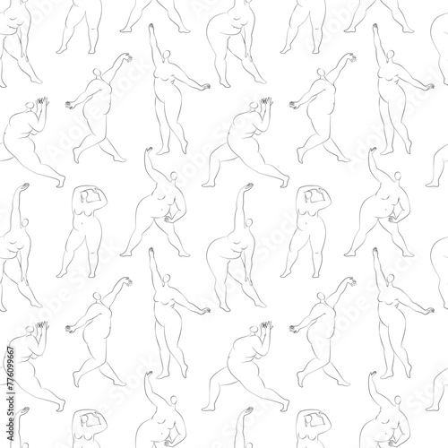Plus size dancing women silhouettes seamless pattern. Line art vector illustration