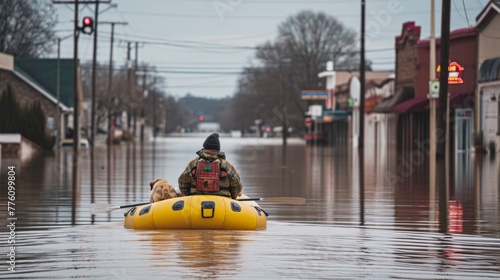 Man moving dogs with boat form flood city © PaulShlykov